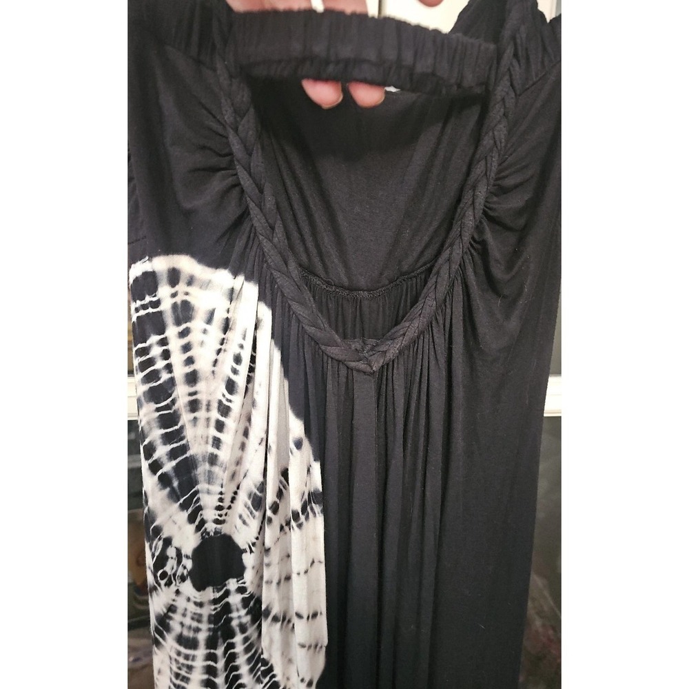 Boho Jersey Tie-dye Maxi Dress Black White Braided Straps Sz M Hippie Vibes #229 - Picture 5 of 8